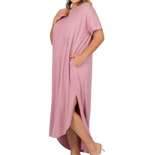 Maxi dress w/slit-Lt rose (plus)
